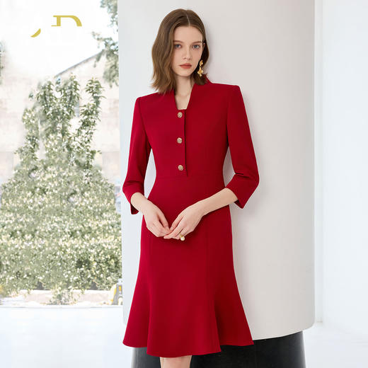 AD法式优雅V领长袖连衣裙2025年秋季新款红色订婚裙修身中长裙子 商品图0