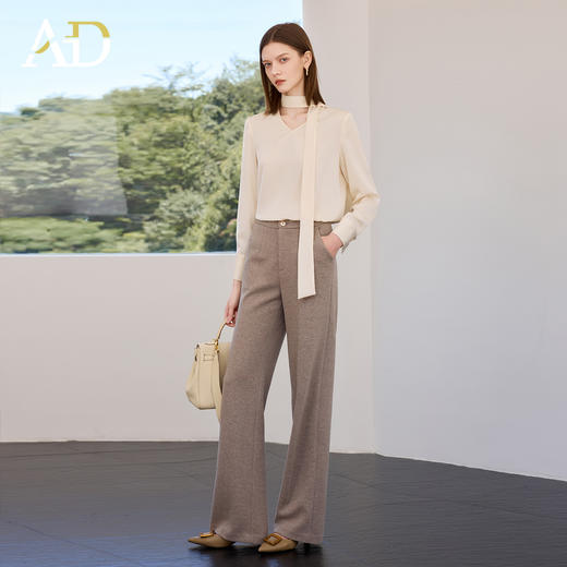 AD香槟色长袖衬衫女气质垂感飘带领上衣2025秋季新款时尚套装裤子 商品图1