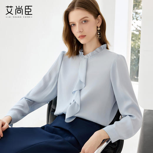 艾尚臣蓝色休闲衬衫女高级感秋季长袖百搭职业衬衣法式花边领上衣 商品图1