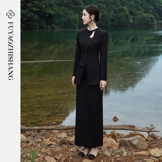 FUYAO扶摇 羊毛西装套装女2025秋冬新中式斜襟国风西服半裙两件套 商品图0