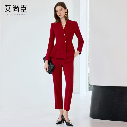 艾尚臣高级感职业套装女红色轻熟风通勤穿搭气质年会主持人工作服 商品图3