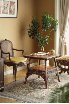 独角鹿西洋古董 19世纪末中国出品镂雕祥纹传统楼阁人物主题天然材质镶嵌双层茶几