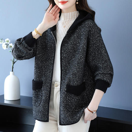 CC 10-5073连帽拉链百搭针织开衫毛衣呢子外套 商品图3