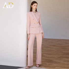 AD粉色西装外套女气质收腰系带羊毛西服正装2025新款呢子阔腿裤