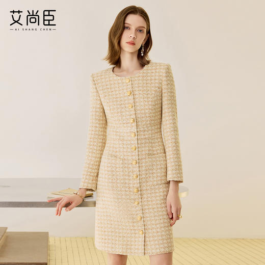 艾尚臣羊毛西装连衣裙女秋冬新款圆领粗花呢中长裙法式小香风裙子 商品图2