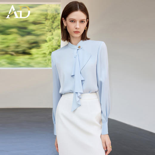 AD立体褶裥蓝色衬衫女士通勤职业装衬衣时尚优雅高级感气质长袖 商品图3