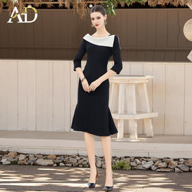 AD法式赫本黑色西装连衣裙女设计感名媛职业裙宴会主持小礼服鱼尾