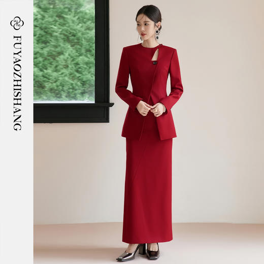 FUYAO扶摇 新中式红色西装两件套女秋冬羊毛西服复古国风时尚套装 商品图2