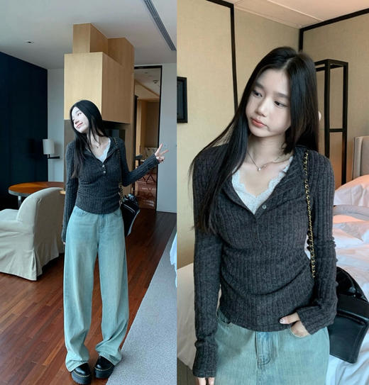 【蕾丝拼接抽褶打底衫】格雷系穿搭 镂空蕾丝+针织的组合 恰到好处的收腰设计 商品图0