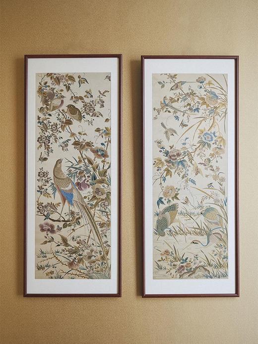 【已售】独角鹿西洋古董 1900年代中国出品「富贵长寿」吉祥花鸟主题刺绣挂屏一对 商品图2