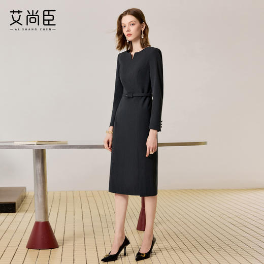 艾尚臣深灰色气质连衣裙女高级感早秋收腰职业套裙气质女神范正装 商品图2