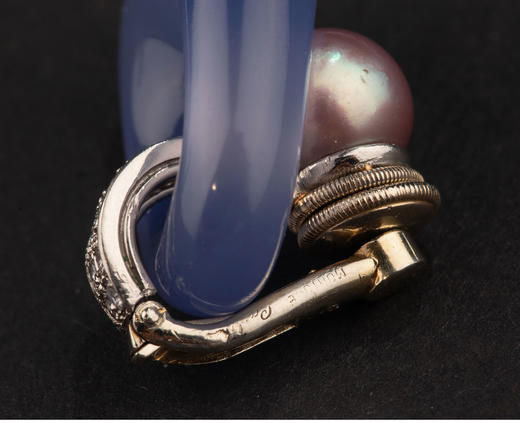 独角鹿西洋古董 1960年代法国出品铂金镶嵌钻石及天然海水珍珠玉髓耳坠 商品图6