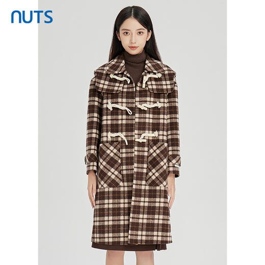 NUTS商场同款冬季新款时尚气质牛角扣格子手工呢大衣女241156411 商品图0