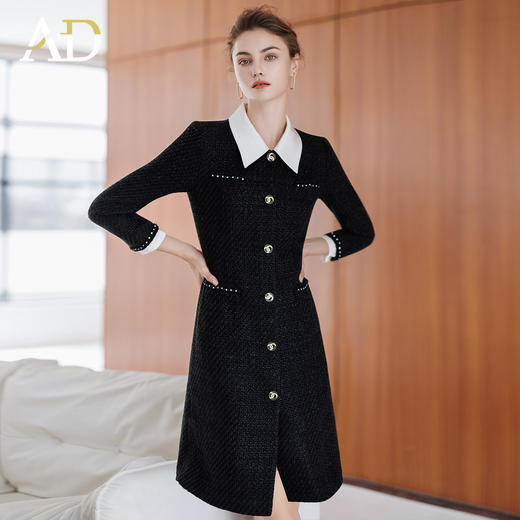 AD黑色雪尼尔接拼醋酸领连衣裙女秋冬季新款小香风黑白撞色西装裙 商品图1