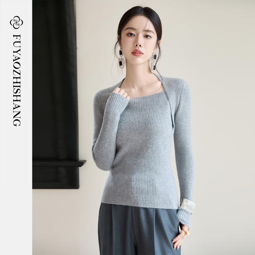 FUYAO扶摇 弹力显瘦羊绒衫女2025冬新款针织衫显瘦露锁骨纯羊毛衫 商品图0