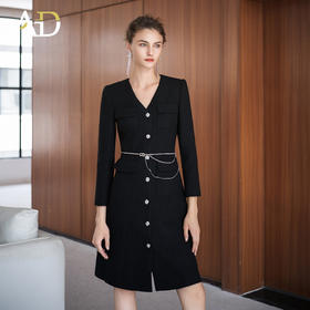 AD清冷富家千金穿搭2025新款黑色V领小香风连衣裙高级感编织A字裙