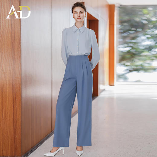AD巨显瘦的裤子2025新款今年流行爆款蓝色衬衫搭配高腰阔腿裤套装 商品图1