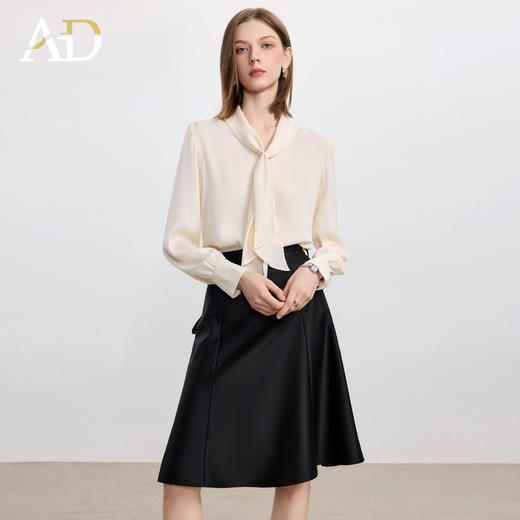 AD高端精致衬衫套装女2025新款正式场合轻奢飘带长袖衬衣黑色皮裙 商品图3