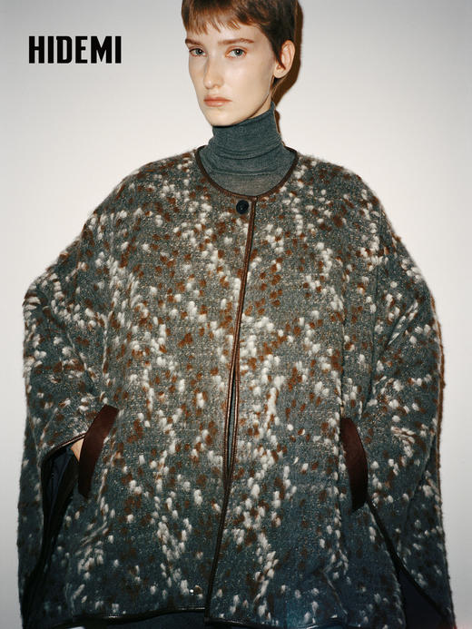 HIDEMI 大秀款进口羊驼毛绵羊毛混纺提花手工皮边镶嵌拼接斗篷大衣外套 商品图6