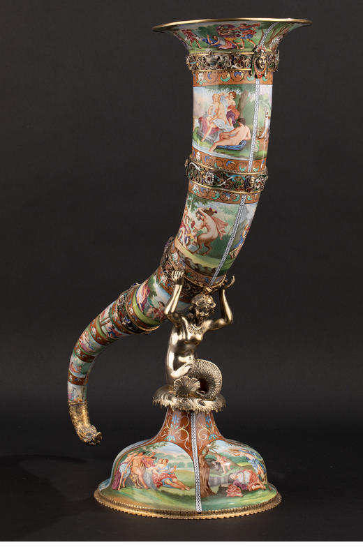 独角鹿西洋古董 1880年代奥地利出品古希腊神话主题珐琅彩绘银镀金装饰「丰饶之角」摆件 商品图0