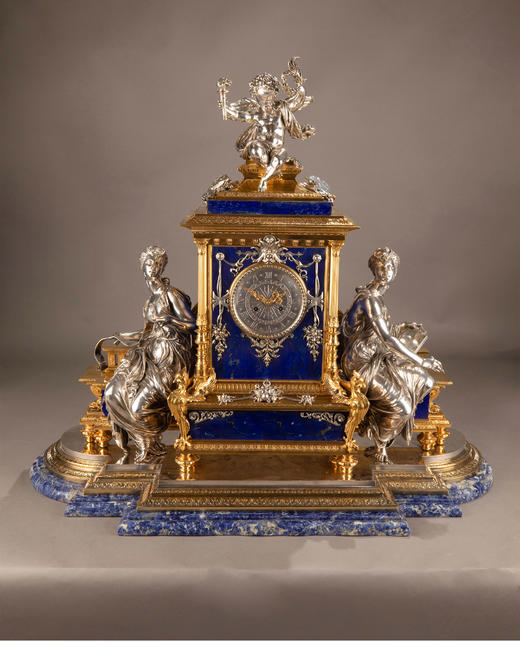 独角鹿西洋古董 19世纪法国工坊出品新文艺复兴风格铜鎏金装饰银质雕像青金石座钟 商品图0