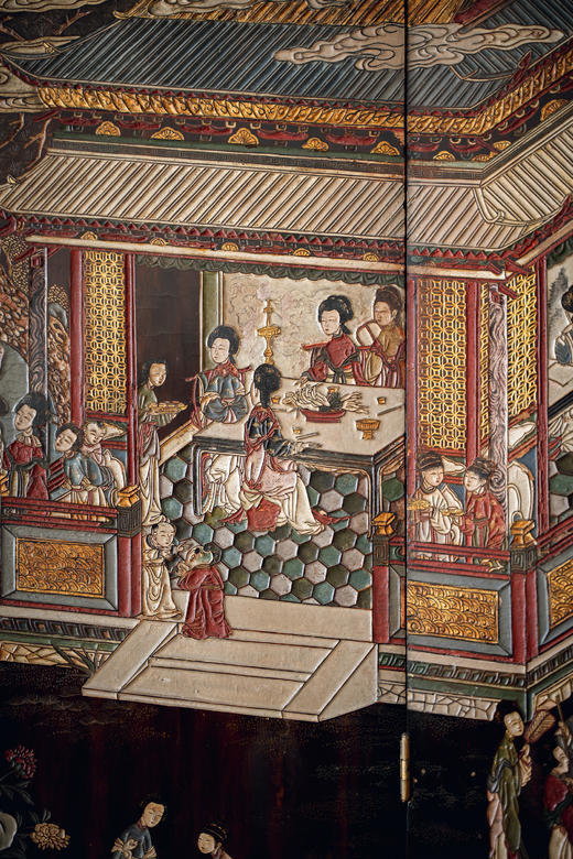 【已售】独角鹿西洋古董19世纪中国清代出品官邸人物与亭台山水主题黑漆地款彩双面八曲屏风 商品图6