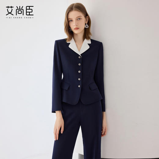 艾尚臣2025新款藏青色西装气质优雅西服套装时尚通勤正装两件套 商品图0