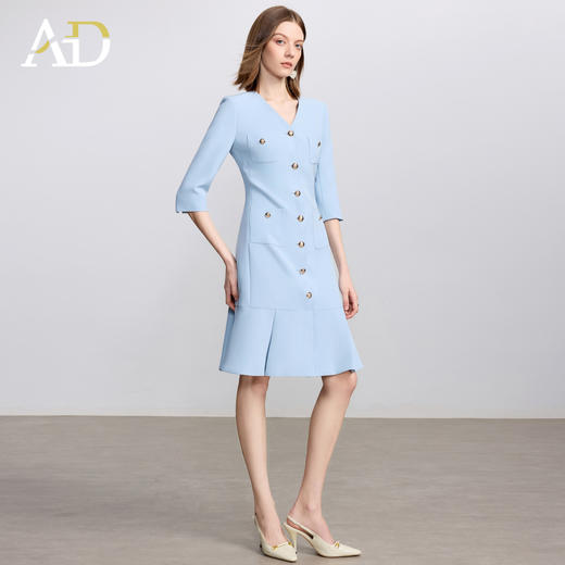 AD气质V领蓝色连衣裙女士职业装西服裙2025新款单排扣荷叶边裙子 商品图3