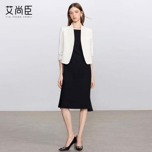 艾尚臣白色时尚套装女通勤无领小西服轻奢高级感西装连衣裙职业装 商品图3