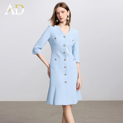 AD气质V领蓝色连衣裙女士职业装西服裙2025新款单排扣荷叶边裙子 商品图1