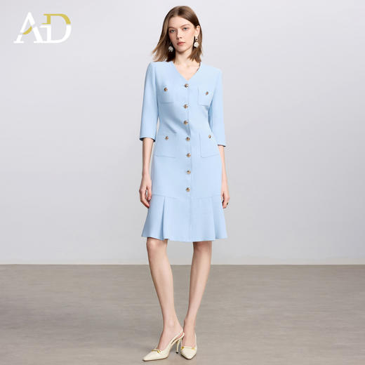AD气质V领蓝色连衣裙女士职业装西服裙2025新款单排扣荷叶边裙子 商品图0