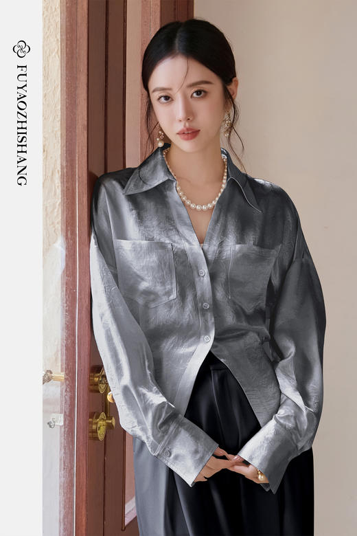 FUYAO扶摇 灰色衬衫女2025法式轻奢醋酸衬衣纯色百搭质感长袖上衣 商品图5