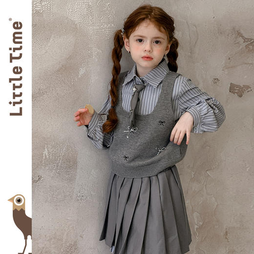 littletime女童套装2025秋冬新款儿童洋气条纹衬衫背心半裙三件套 商品图2