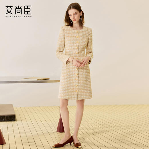 艾尚臣羊毛西装连衣裙女秋冬新款圆领粗花呢中长裙法式小香风裙子 商品图1