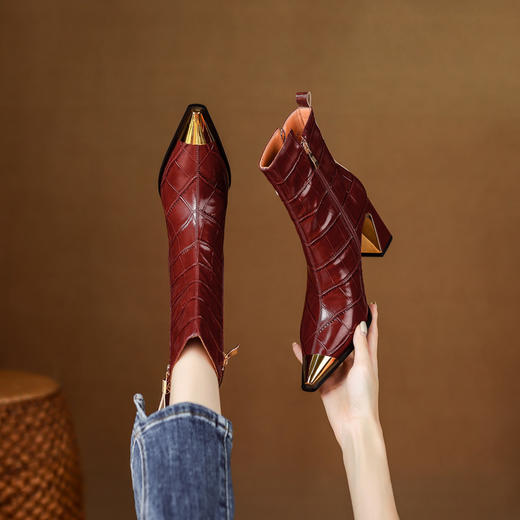 【预售5天】真皮金属尖头粗跟时装短靴，百搭高跟靴子XME&898-826 商品图2