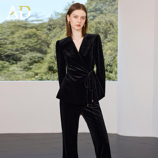 AD黑色丝绒西装套装女2025新款秋季轻奢优雅职业装收腰系带西服 商品图1