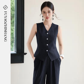 FUYAO扶摇 藏青色条纹西装马甲女秋冬新款复古叠穿无袖背心上衣
