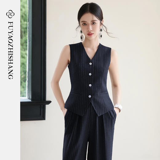 FUYAO扶摇 藏青色条纹西装马甲女秋冬新款复古叠穿无袖背心上衣 商品图0