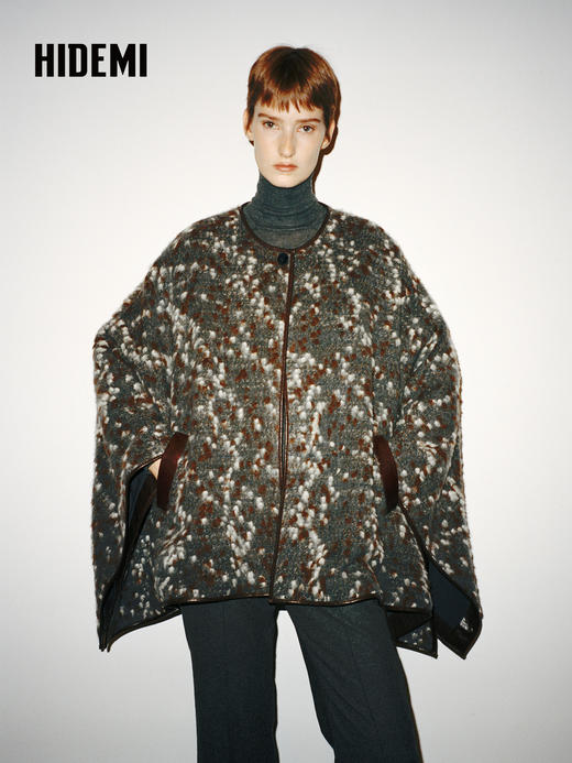 HIDEMI 大秀款进口羊驼毛绵羊毛混纺提花手工皮边镶嵌拼接斗篷大衣外套 商品图0