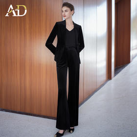 AD高端丝绒西装套装女2025秋冬新款藏青色职业装正装直筒裤两件套