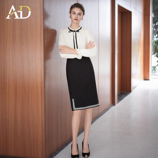 AD衬衫女2025新款韩版压褶小立领双层厚款长袖衬衣半身裙两件套装 商品图0