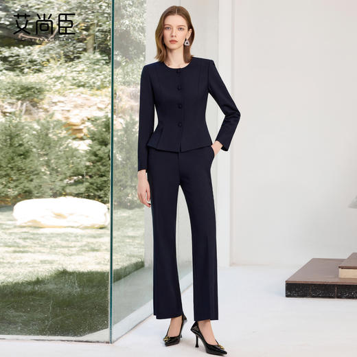 艾尚臣藏青色时尚套装女早秋圆领西服正装气质高端通勤面试职业装 商品图3