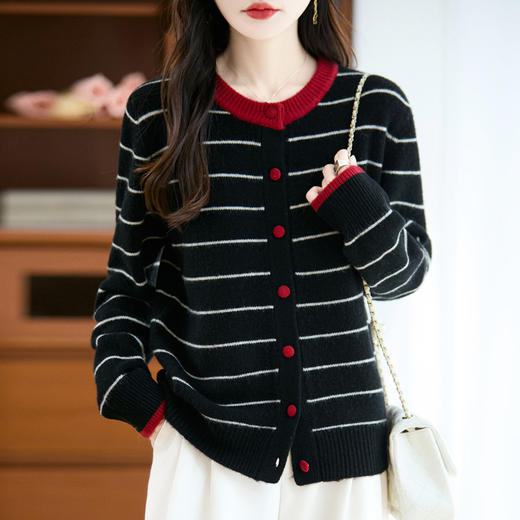 丁摩 100%纯羊毛宽松圆领条纹针织上衣M2-457 商品图3