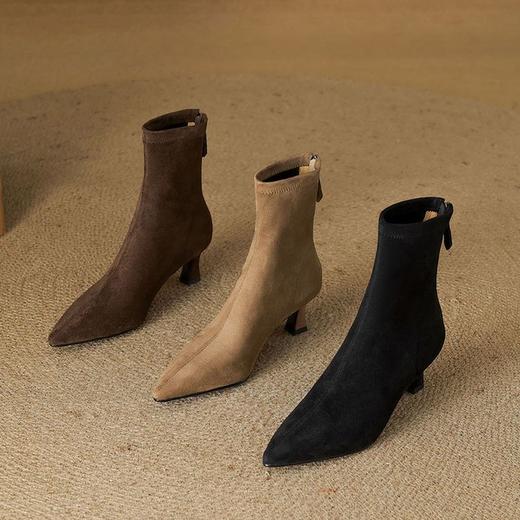 【预售5天】尖头高跟短靴女秋冬新款棕色麂皮绒面洋气裸靴弹力瘦瘦靴HB&8866 商品图4