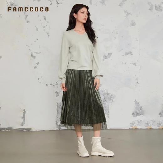 Famecoco范可儿半身裙网纱优雅百褶A字型裙自然腰通勤FAB6HA004 商品图2