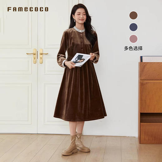 Famecoco范可儿优雅复古花边立领丝绒裙收腰连衣裙FAB6FA007 商品图0