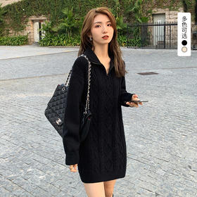 西遇长袖针织连衣裙女秋季新款翻领拉链麻花宽松软糯裙子SS051633