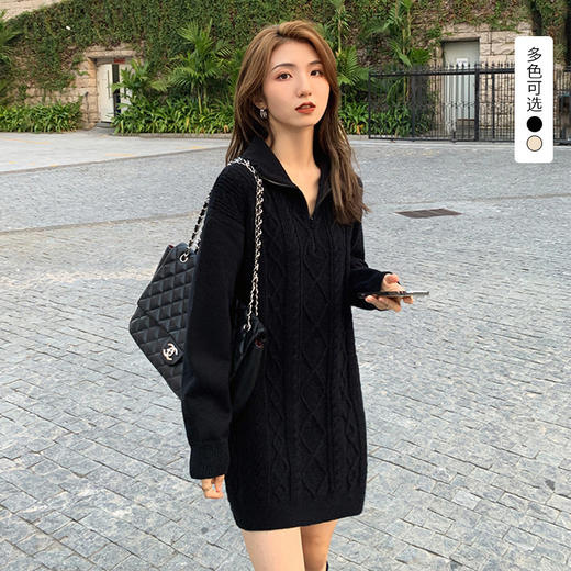 西遇长袖针织连衣裙女秋季新款翻领拉链麻花宽松软糯裙子SS051633 商品图0