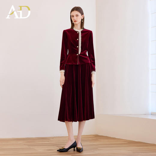 AD轻奢丝绒两件套气质女神范套装高端木耳边设计感新款秋冬半身裙 商品图3