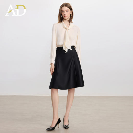 AD高端精致衬衫套装女2025新款正式场合轻奢飘带长袖衬衣黑色皮裙 商品图1